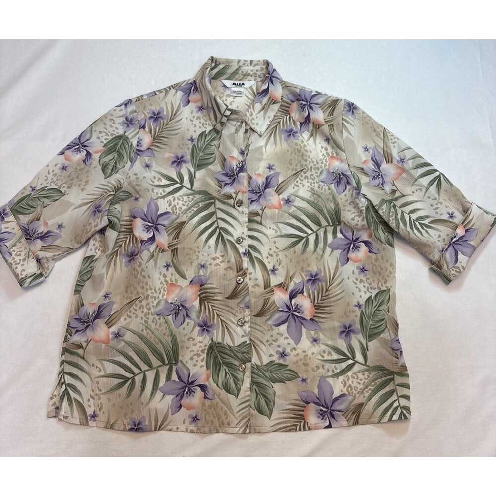 ALIA Tropical Floral Crinkle Button Front Blouse Cuffs Womens petite 16P